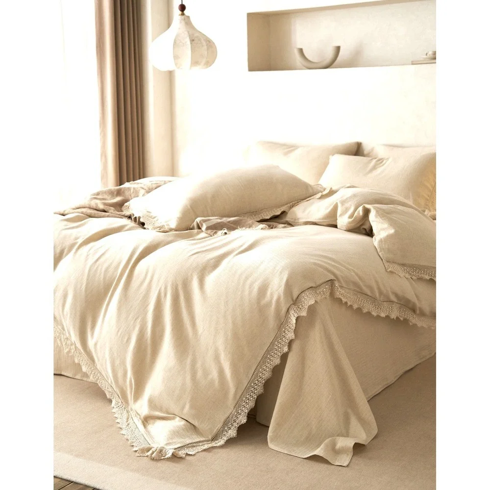 Luna Lace Linen Duvet Cover‎ Set With 2  Pillowcase Top Grade & Natural King